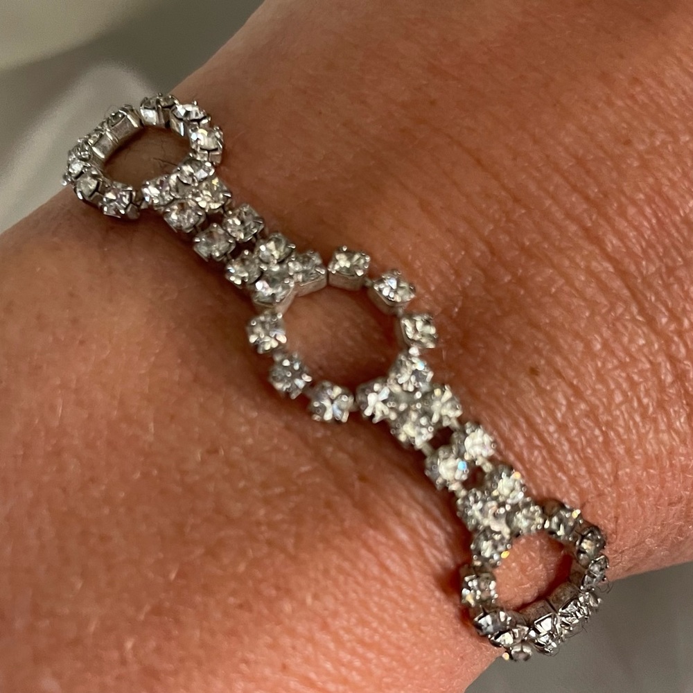 Vintage CZ Silvertone Round Link Tennis Bracelet with Original Box